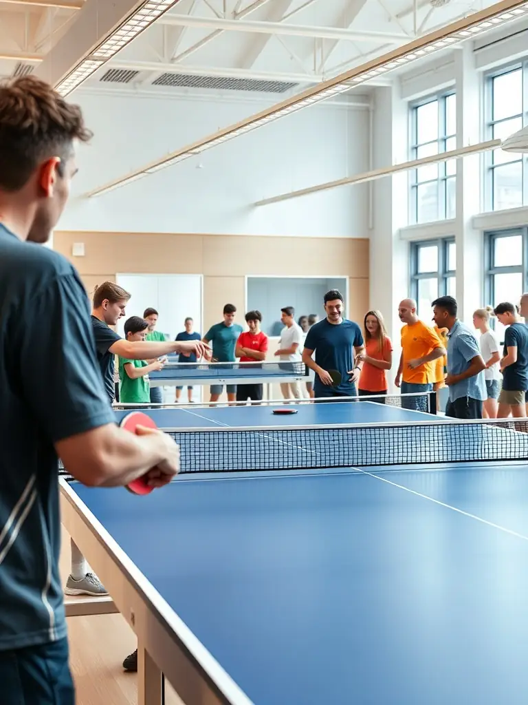 A group of diverse table tennis players, both young and adult, practicing together in a bright, modern gym, with a coach giving instructions.