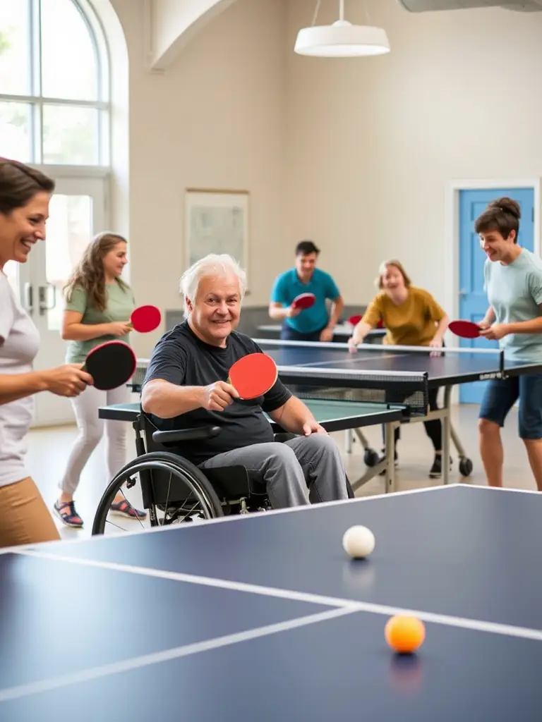A diverse group of players, including a wheelchair user, participating together in an inclusive table tennis session, highlighting accessibility and community spirit.