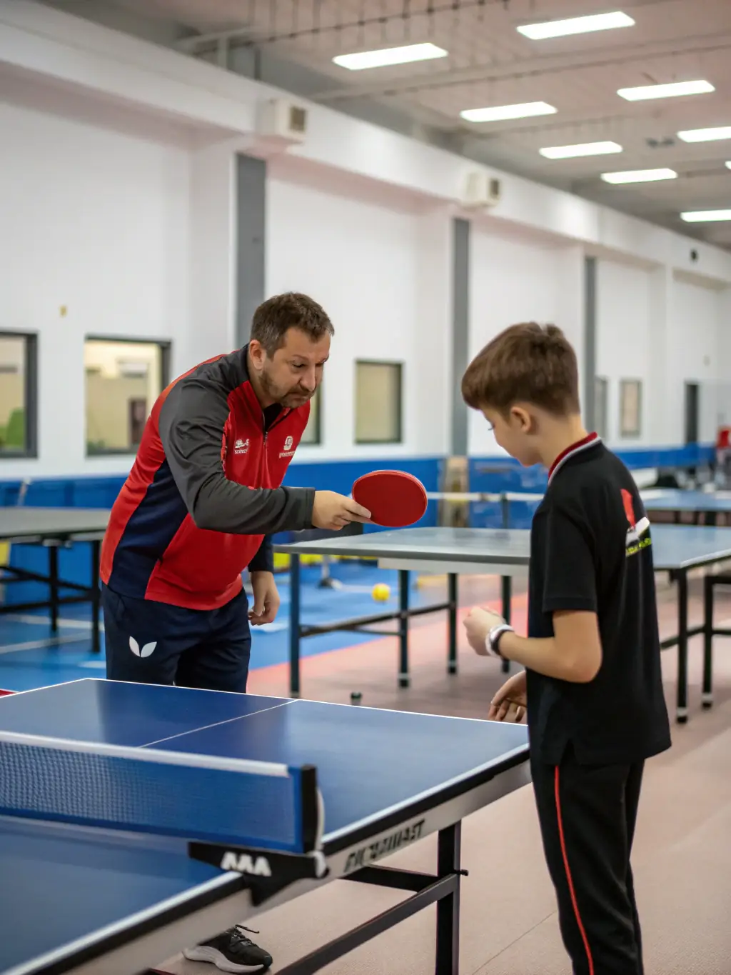 A coach guiding a group of enthusiastic children as they practice table tennis drills in a bright, welcoming gymnasium, with paddles and balls in motion.