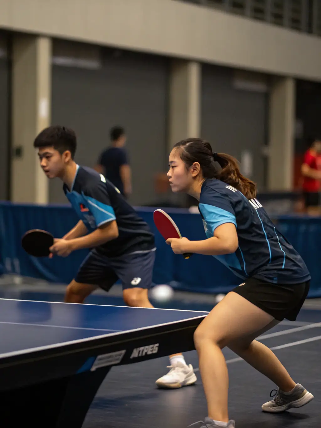 A group of adults, both men and women, engaged in a friendly yet competitive table tennis match, with focused expressions and dynamic movement in a modern sports facility.
