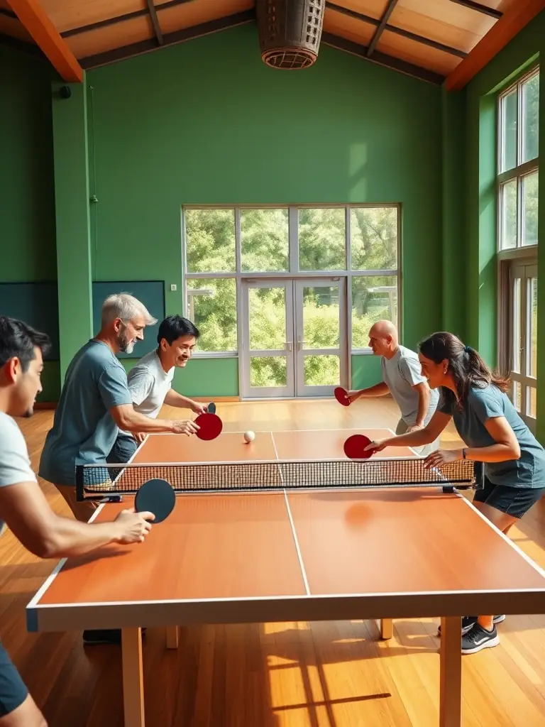 A lively community event with families and children enjoying table tennis, refreshments, and friendly conversation in a welcoming hall.