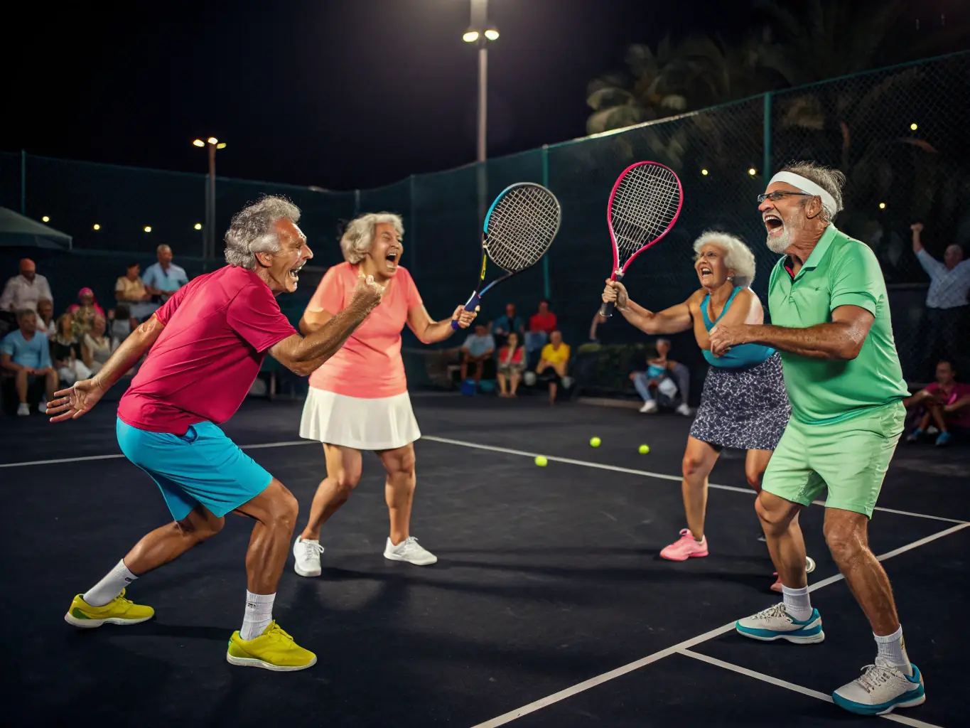 Adults and seniors enjoying a friendly doubles match, with spectators cheering in the background.