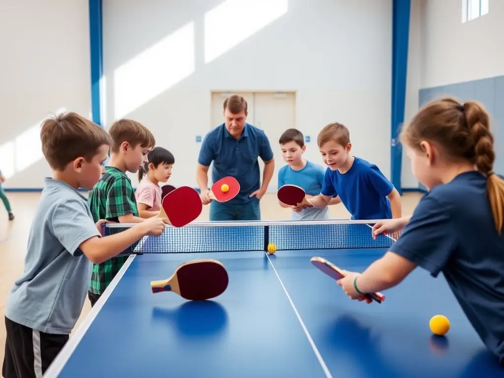 A group of children and teens practicing table tennis drills with a coach, in a bright gymnasium.