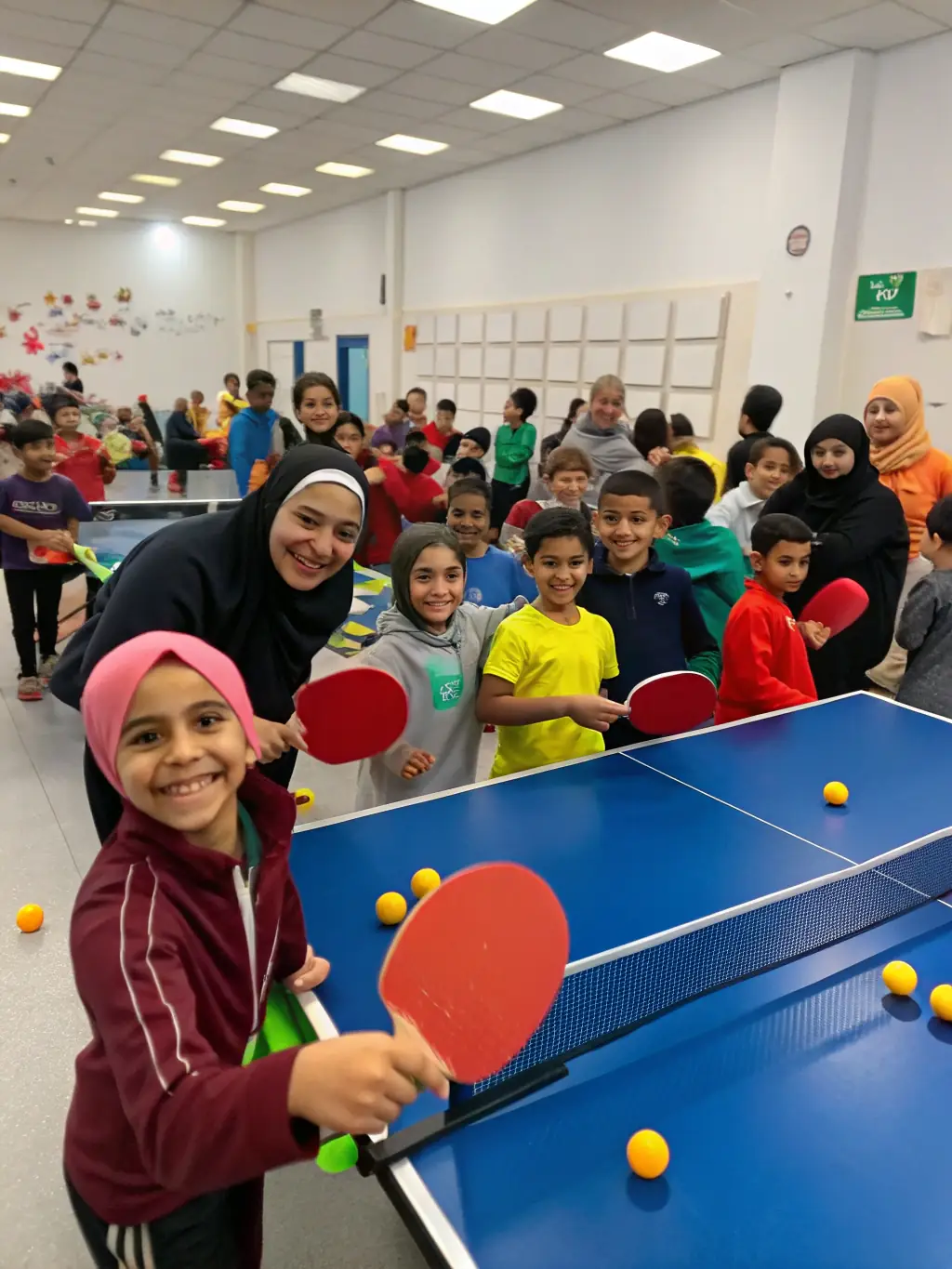 A vibrant photo of a group of children and teenagers practicing table tennis under the guidance of a coach in a well-lit gymnasium, capturing the energy and focus of a youth training session.