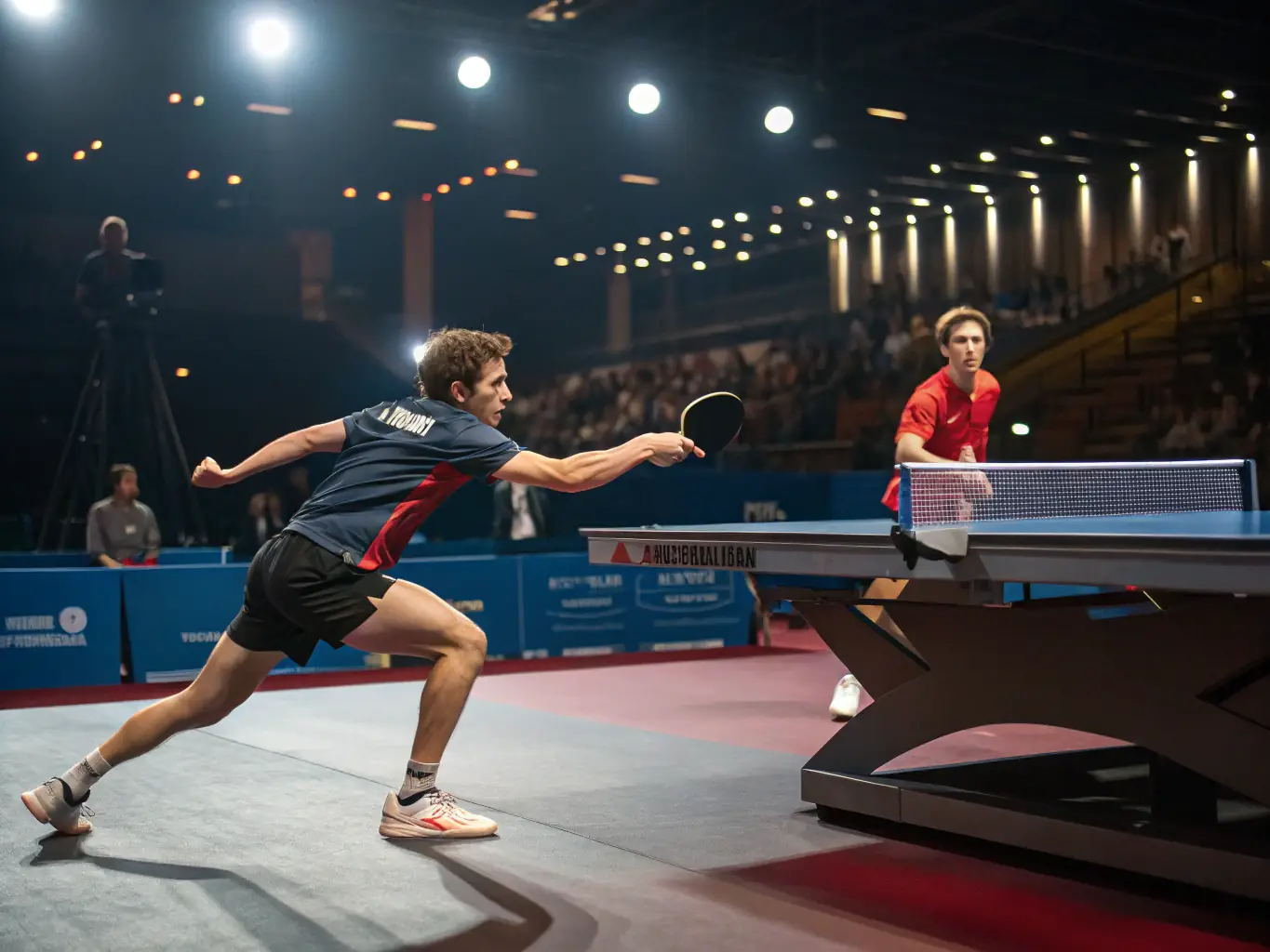 A vibrant indoor table tennis tournament in progress, with players in action and an audience watching from the stands.