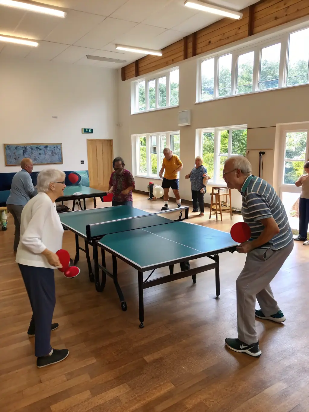 A welcoming image of seniors and beginners enjoying a relaxed table tennis session, with adaptive equipment and a coach offering guidance, highlighting inclusivity.