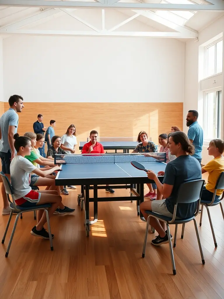 A relaxed scene of families and friends playing table tennis together during a weekend open play event, with laughter and casual attire in a community center.