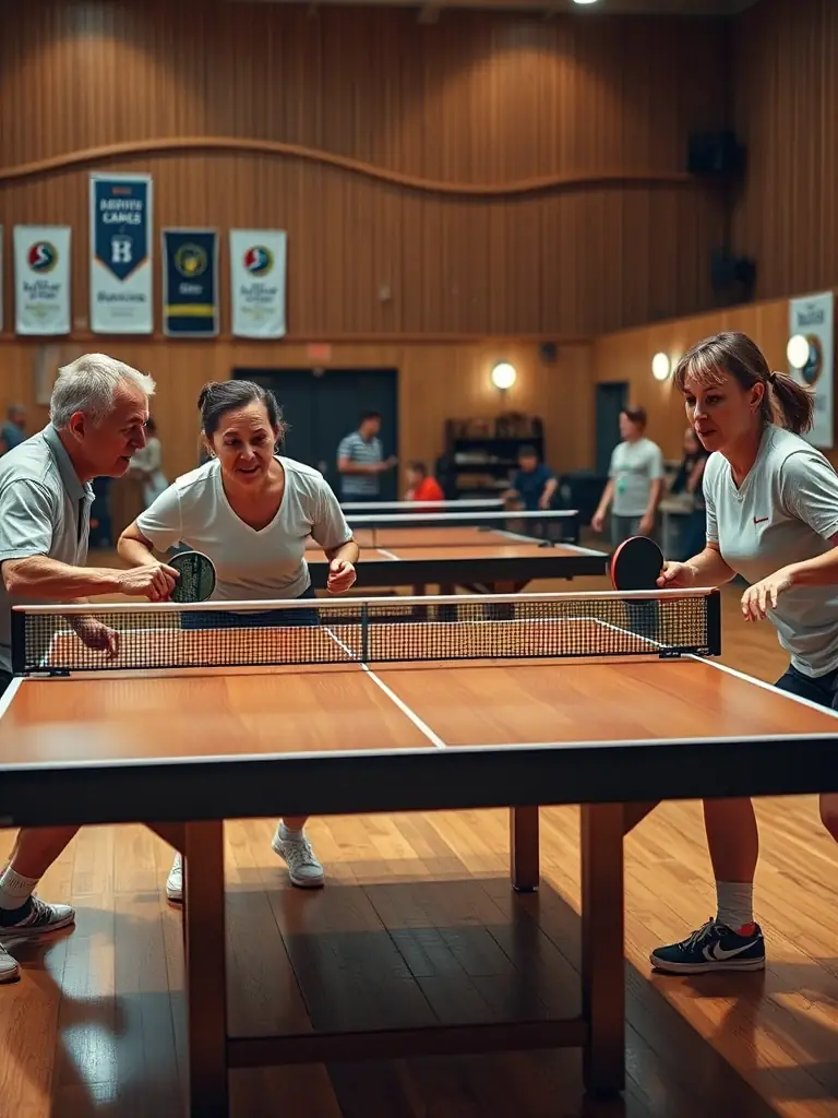 A wheelchair user playing table tennis with a standing player, both focused and enjoying the game, highlighting accessibility and inclusion.