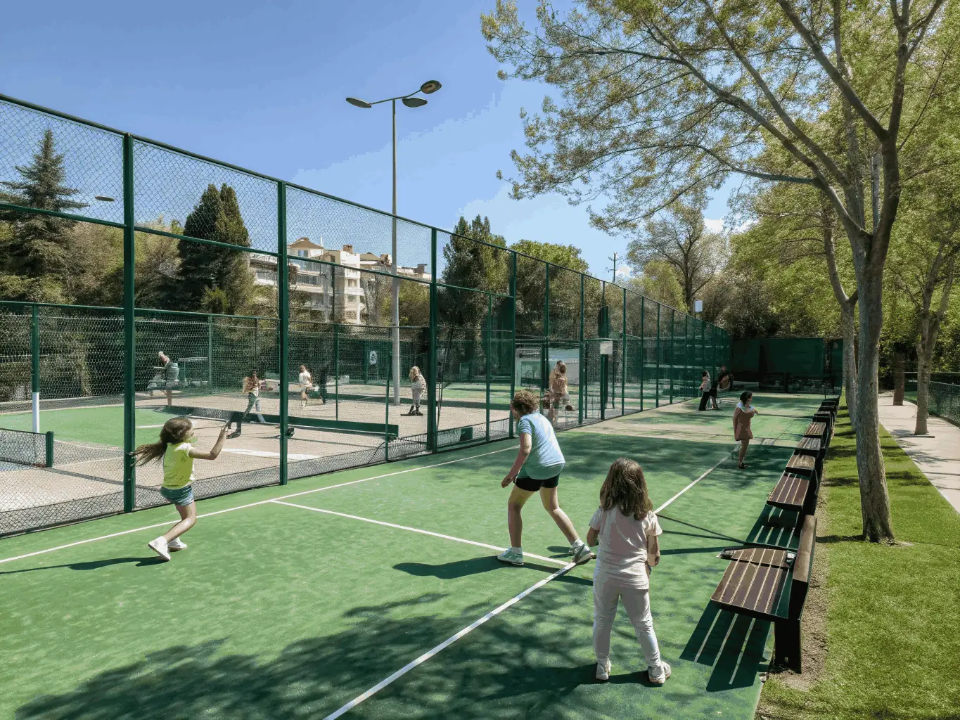 A festive community event with families and children playing table tennis outdoors under colorful banners.
