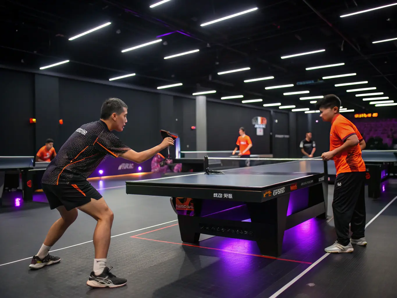 A group of young and adult players practicing table tennis drills with a coach giving instructions.