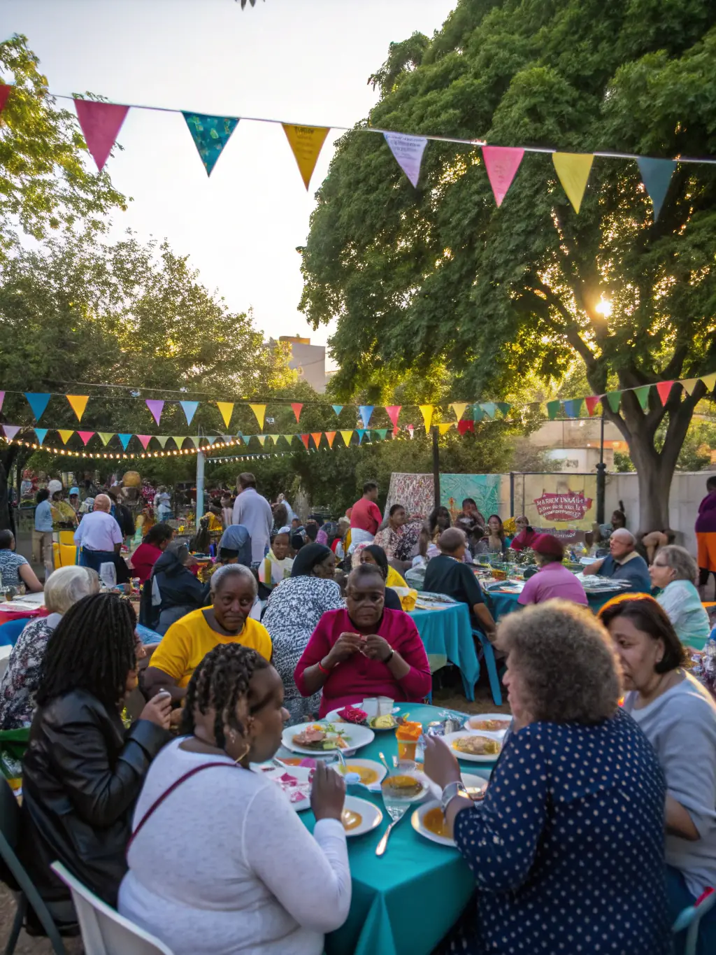 A dynamic photo of a community event with multiple tables, families, and volunteers, featuring banners and refreshments, showcasing a festive atmosphere.